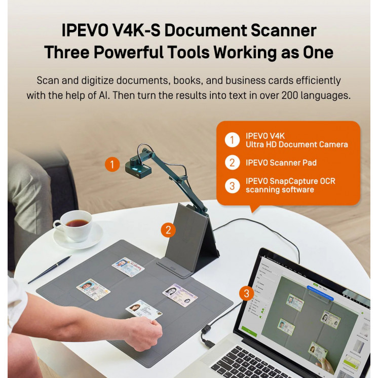 Escáner de documentos IPEVO V4K-S + OCR SnapCapture